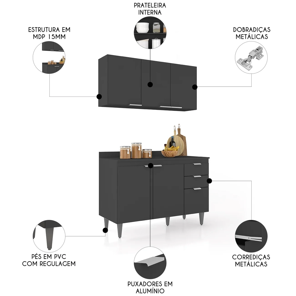 Armário de Cozinha Com Tampo CP01 120cm Pérola Preto Z34      - Mpozenato