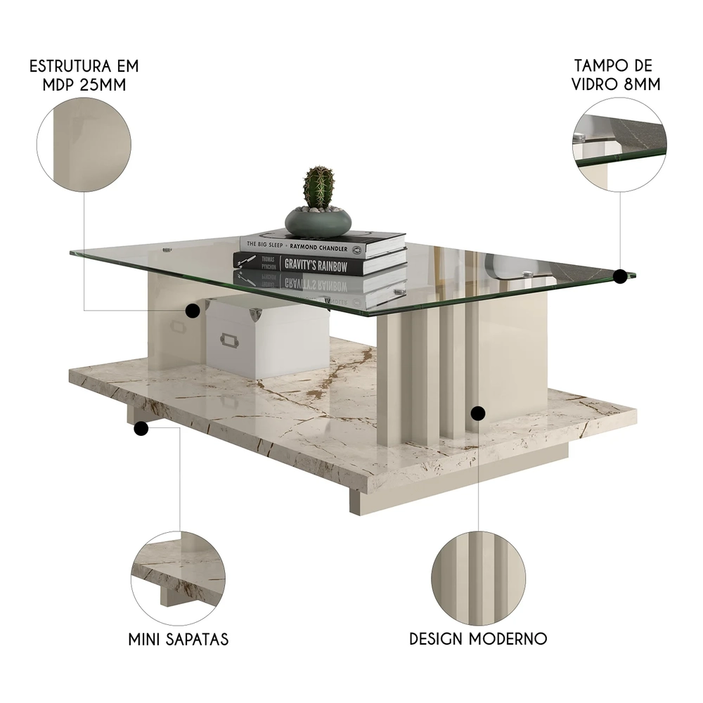 Mesa de Centro Com Detalhe Ripado Fire Z10 Off/Calacata - Mpozenato
