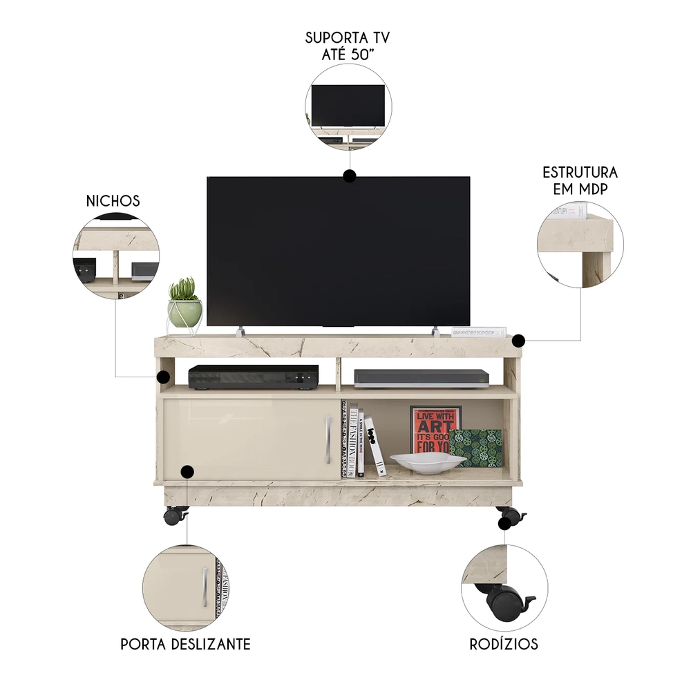 Rack Bancada de TV 50 Pol 121cm Rute Z10 Off/Calacata - Mpozenato
