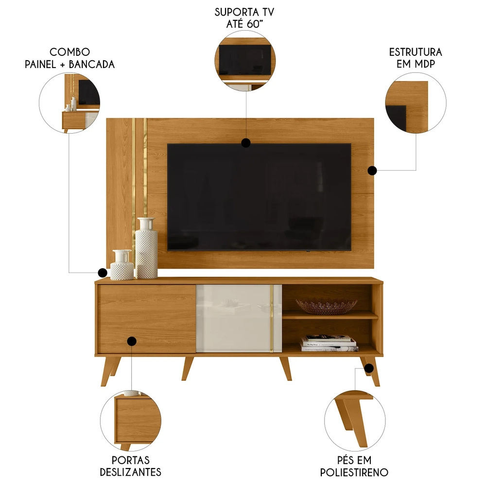 Estante Painel Para TV 60 Pol 160cm Orla Z10 Off/Cinamomo - Mpozenato