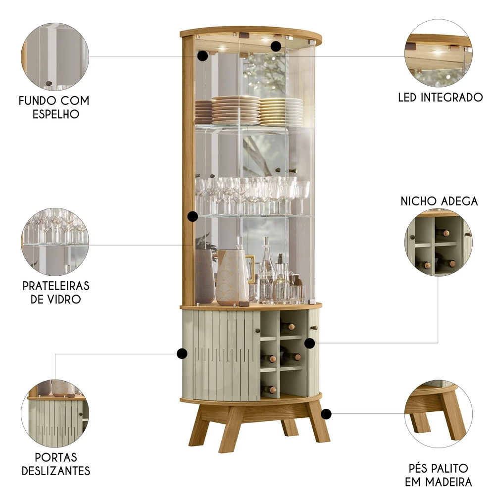 Cristaleira de Vidro Com LED 67cm Melina Z10 Cumaru/Opala - Mpozenato