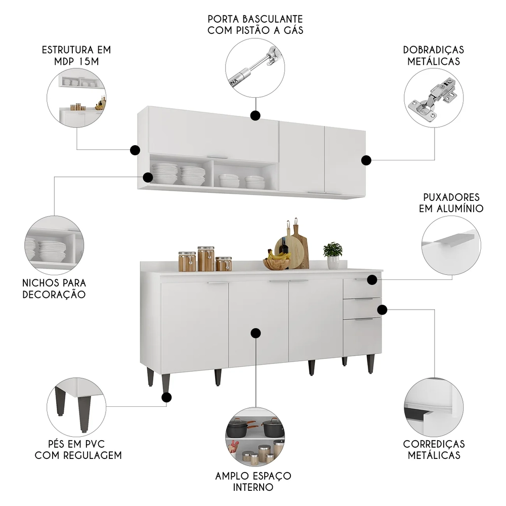 Armário de Cozinha Com Tampo CP01 180cm Pérola Branco Z34     - Mpozenato