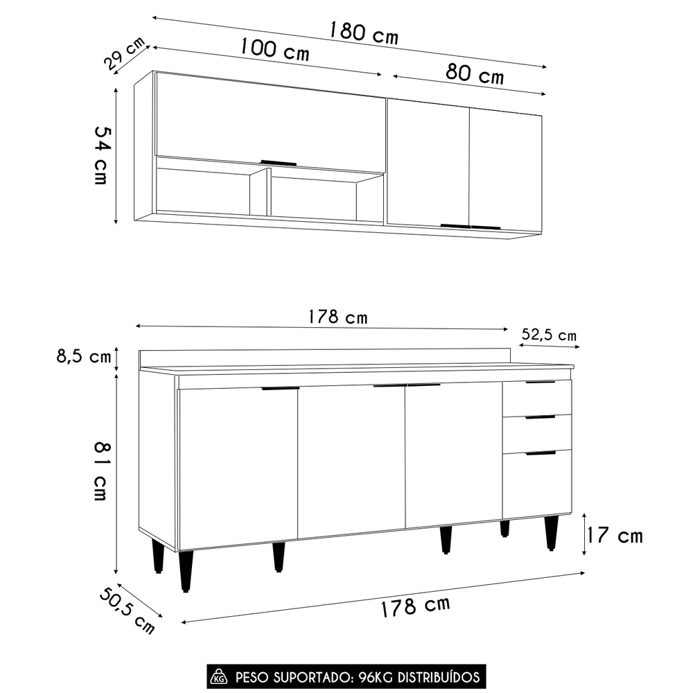 Armário de Cozinha Com Tampo CP01 180cm Pérola Branco Z34     - Mpozenato