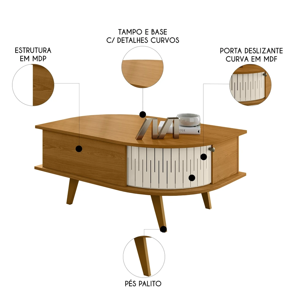 Mesa de Centro para Sala 90cm Indy Z10 Off/Cinamomo - Mpozenato