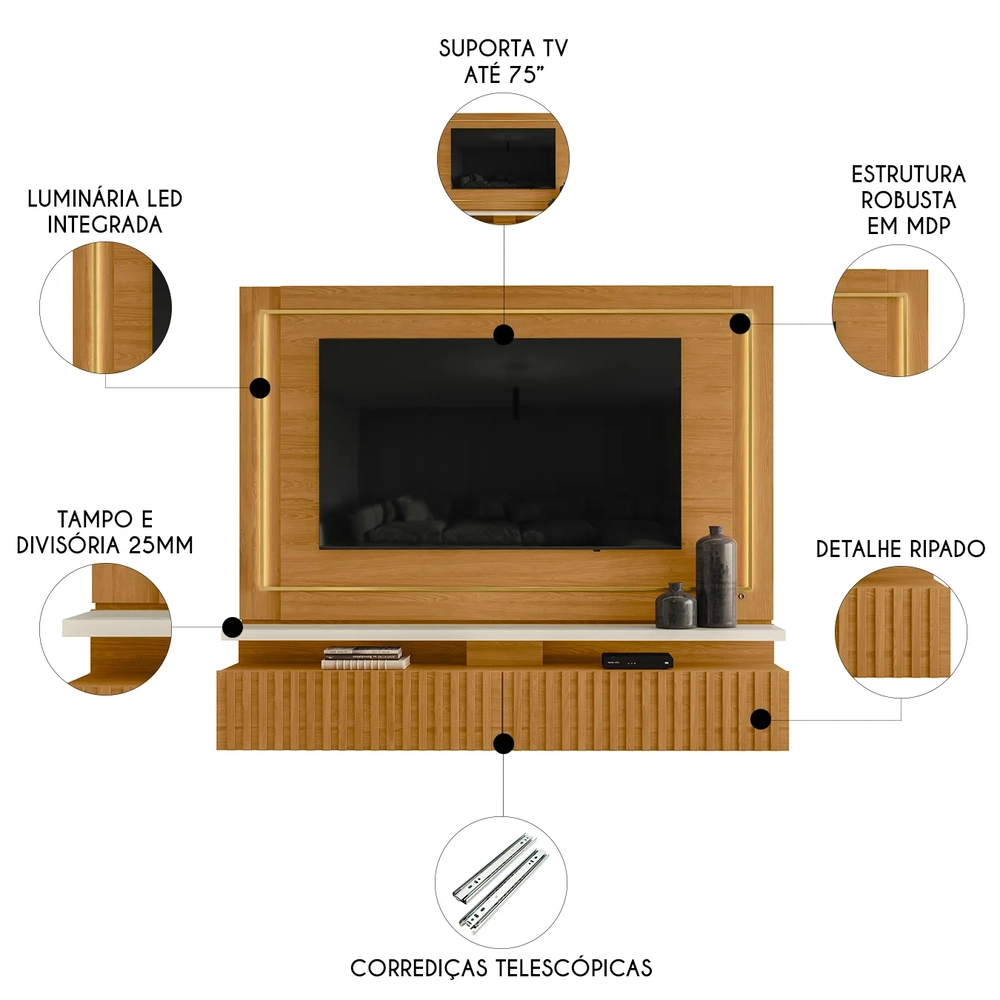 Estante Painel Para TV 75 Pol 216cm Mical Z10 Off/Cinamomo - Mpozenato
