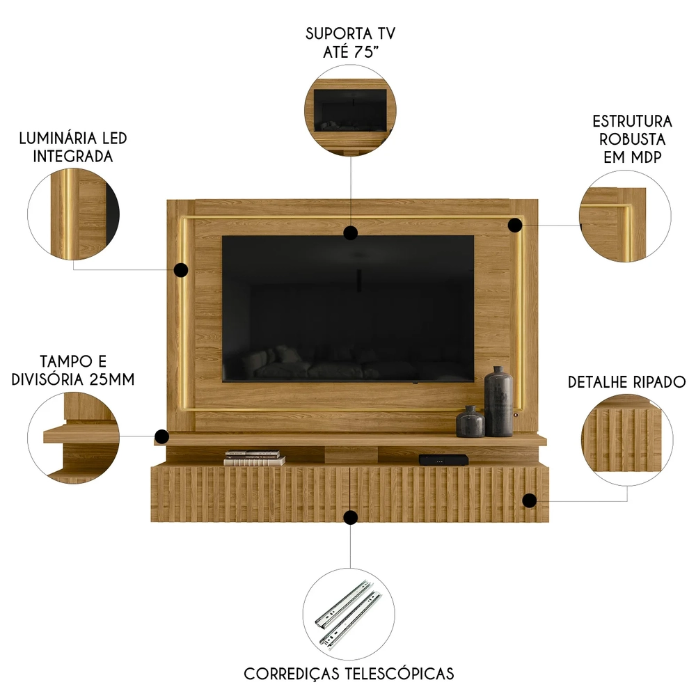 Estante Painel Para TV 75 Pol 216cm Mical Z10 Cumaru - Mpozenato