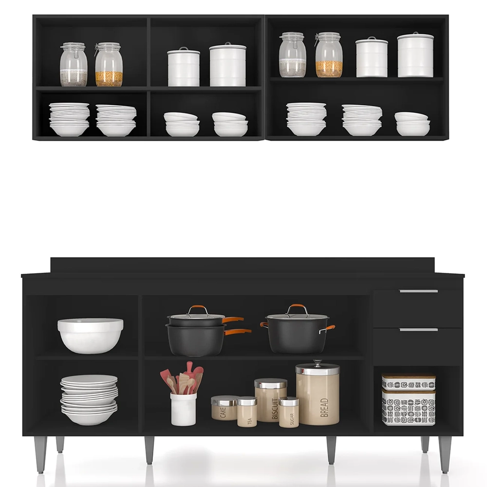 Armário de Cozinha Com Tampo CP01 180cm Pérola Preto Z34      - Mpozenato