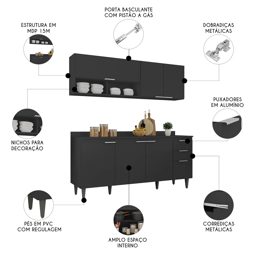Armário de Cozinha Com Tampo CP01 180cm Pérola Preto Z34      - Mpozenato