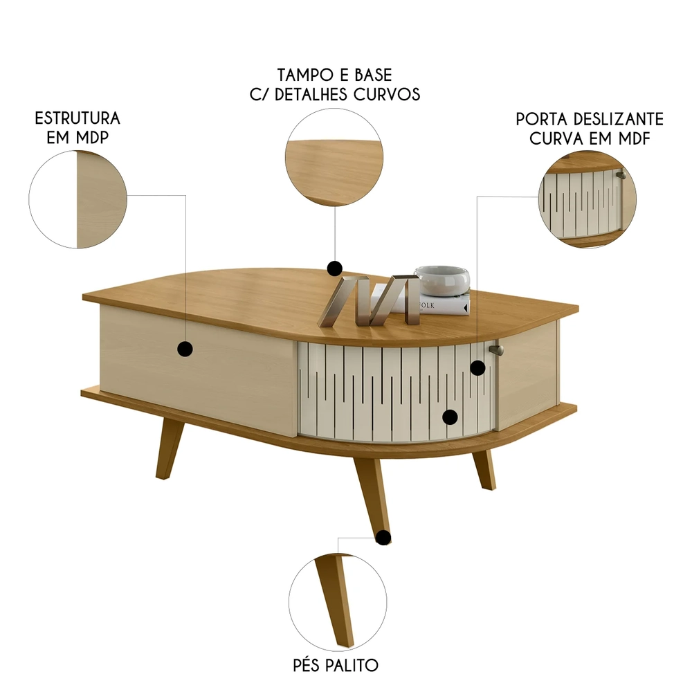 Mesa de Centro para Sala 90cm Indy Z10 Cumaru/Opala - Mpozenato