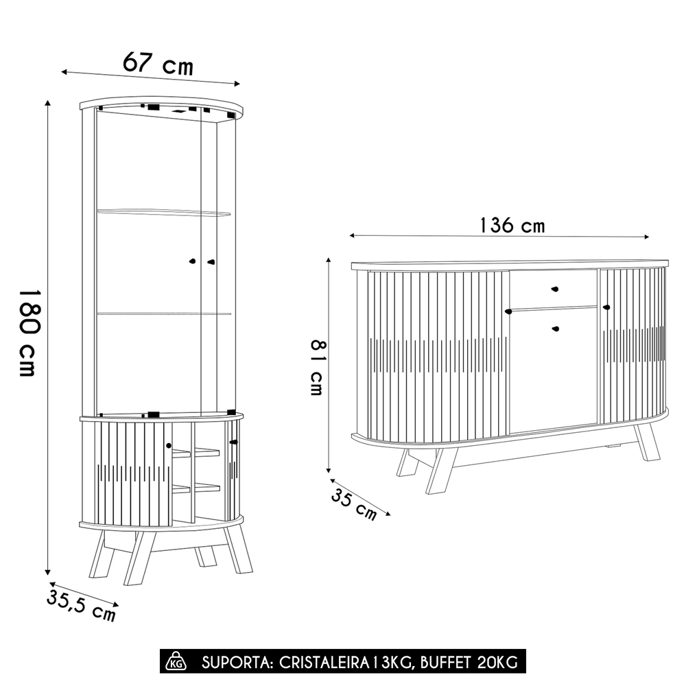 Cristaleira de Vidro Melina e Buffet Toni Z10 Off/Cinamomo - Mpozenato