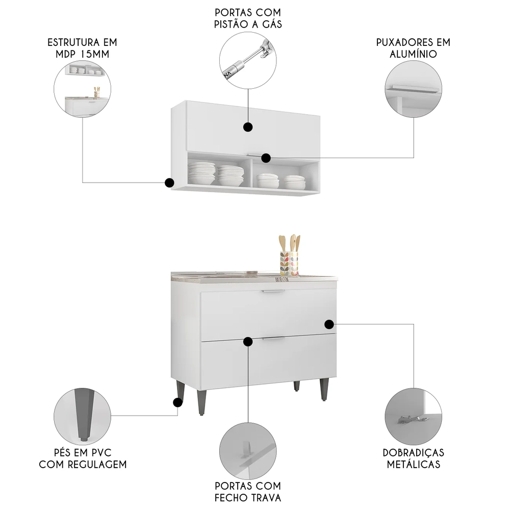 Armário de Cozinha CP01 Com Pia 100cm Pérola Z34 Branco     - Mpozenato