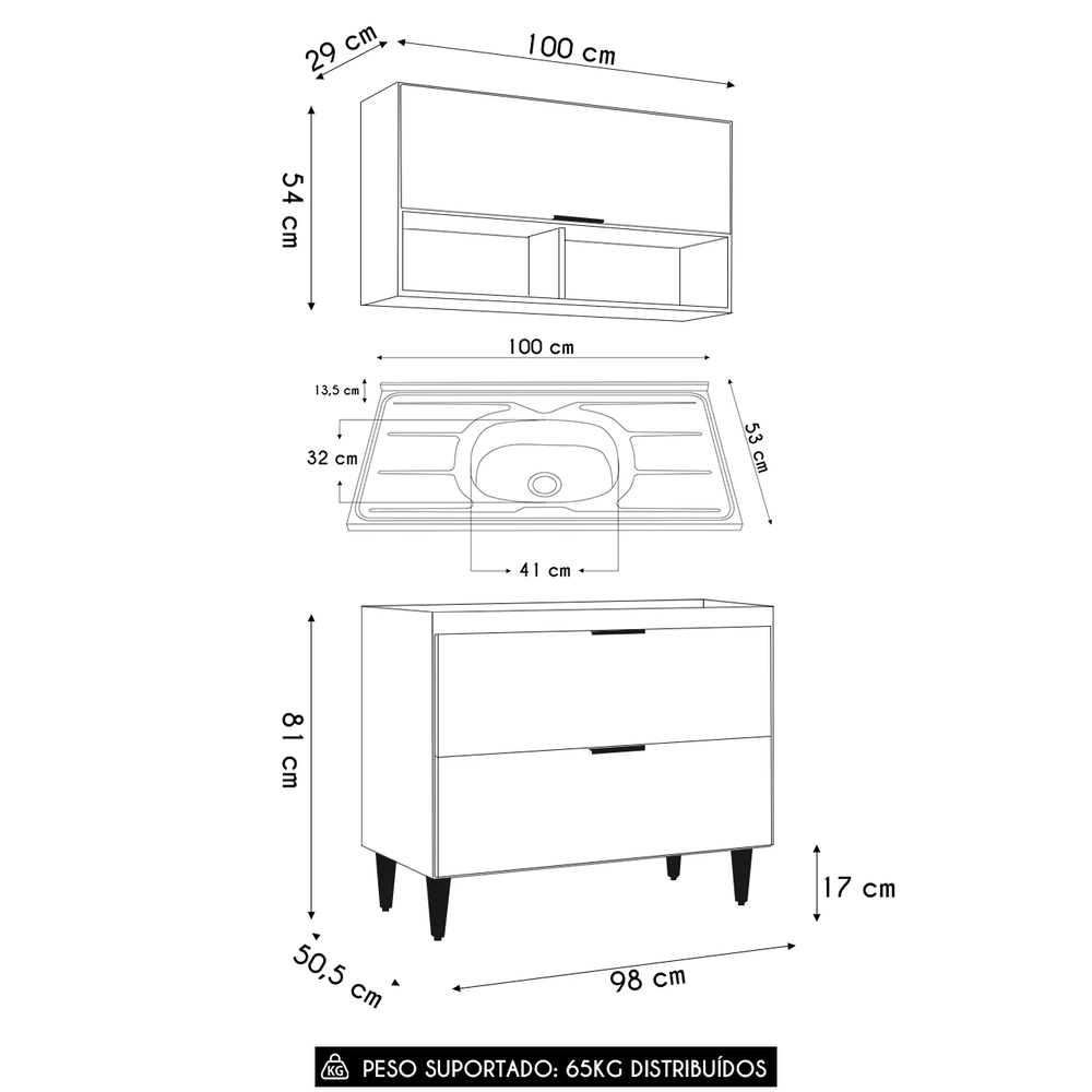 Armário de Cozinha CP01 Com Pia 100cm Pérola Z34 Branco     - Mpozenato