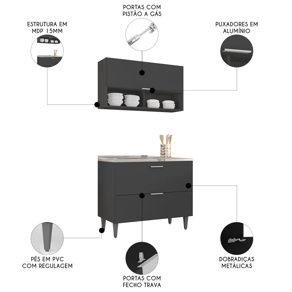 Armário de Cozinha CP01 Com Pia 100cm Pérola Z34 Preto      - Mpozenato