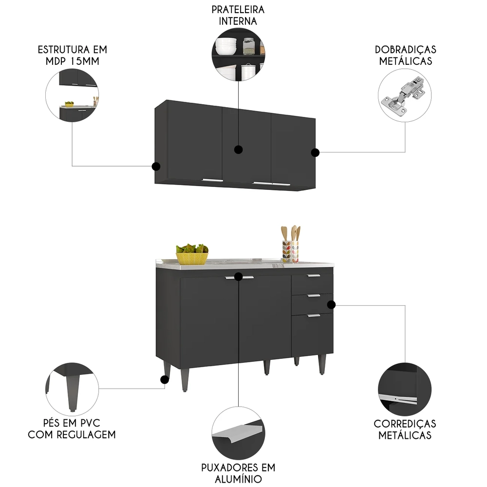 Armário de Cozinha CP01 Com Pia 120cm Pérola Z34 Preto      - Mpozenato