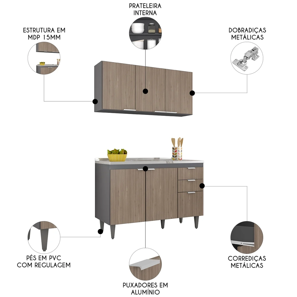 Armário de Cozinha CP01 Com Pia 120cm Pérola Z34 Grafite/Freijó - Mpozenato