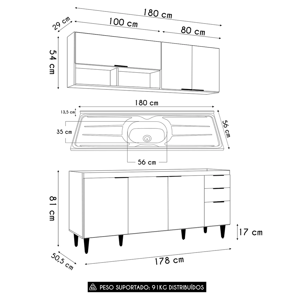 Armário de Cozinha CP01 Com Pia 180cm Pérola Z34 Branco     - Mpozenato