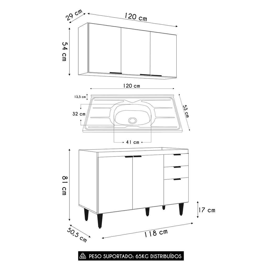 Armário de Cozinha CP01 Com Pia 120cm Pérola Z34 Branco     - Mpozenato