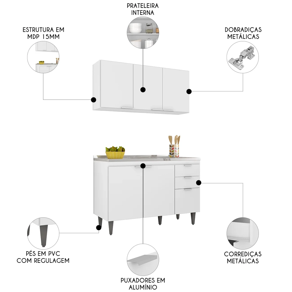 Armário de Cozinha CP01 Com Pia 120cm Pérola Z34 Branco     - Mpozenato