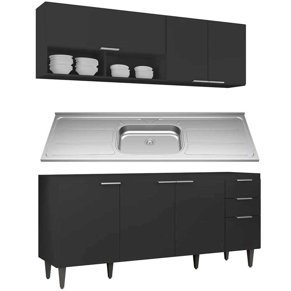 Armário de Cozinha CP01 Com Pia 180cm Pérola Z34 Preto      - Mpozenato