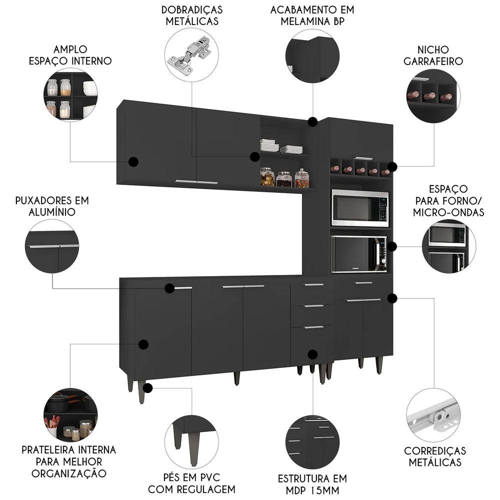Armário de Cozinha CP02 Para Pia 150cm Pérola Z34 Preto     - Mpozenato