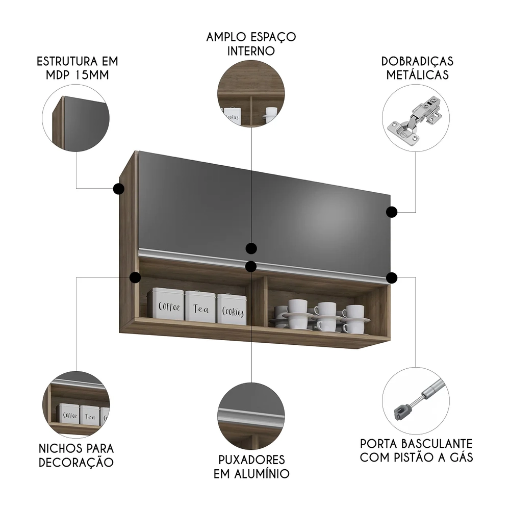 Armário de Cozinha Aéreo 100cm Basculante Mia Z34 Freijó/Grafite - Mpozenato