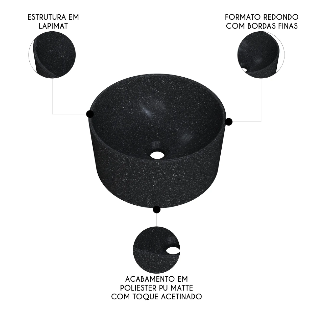 Cuba Pia Para Banheiro Redonda 30cm Celine C08 Preto Granit - Mpozenato