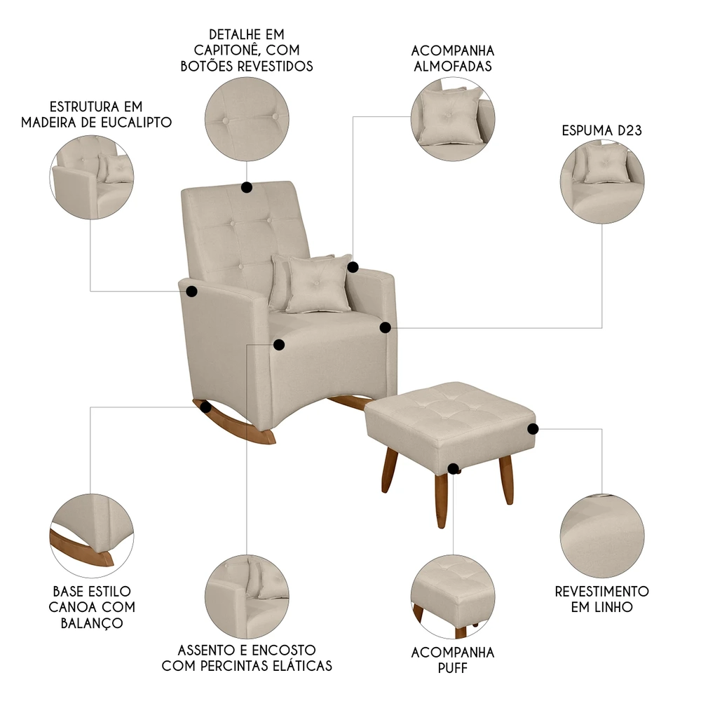 Poltrona Amamentação Base Balanço e Puff Lola Linho Bege F03 - Mpozenato