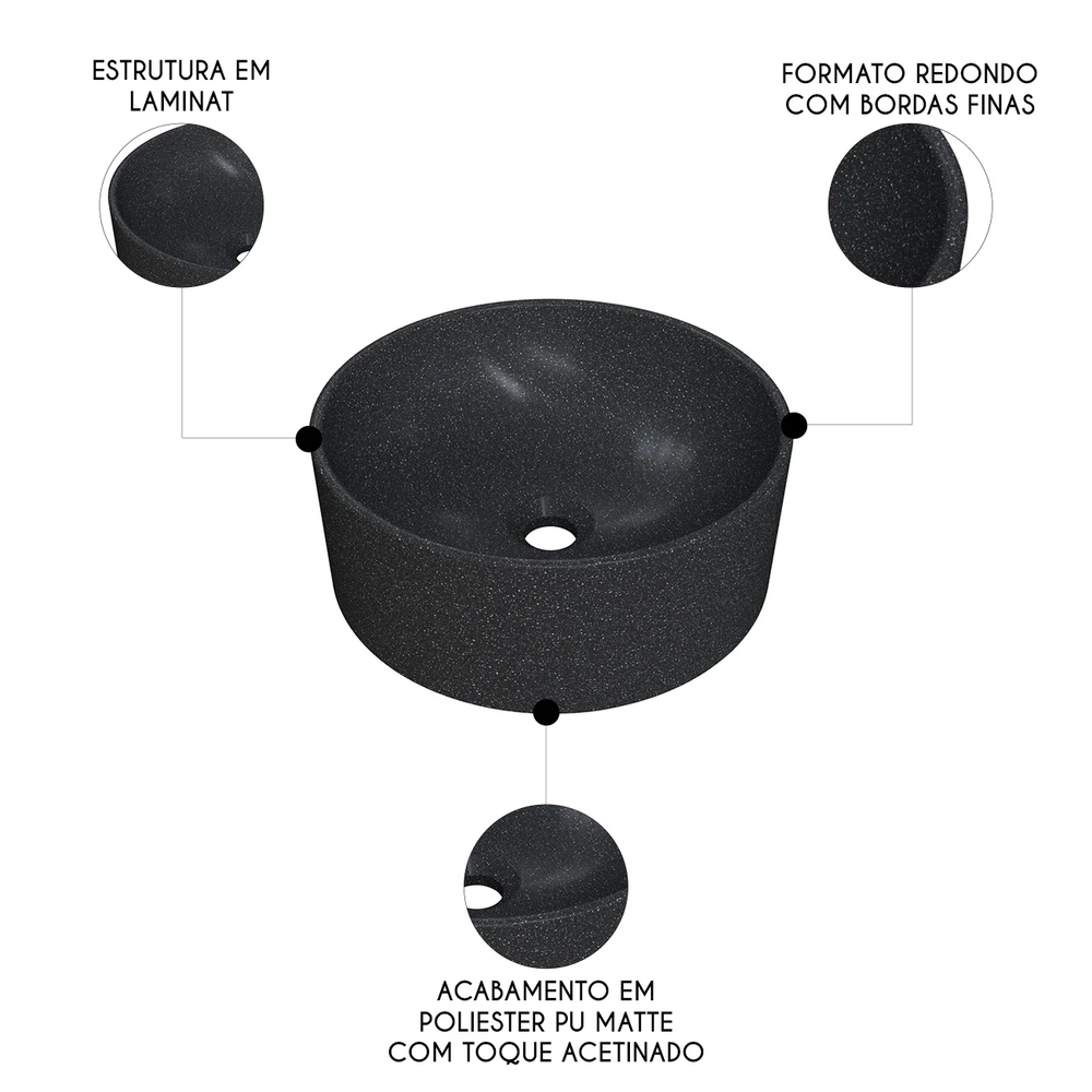 Cuba Pia Para Banheiro Redonda 34cm Sara C08 Preto Granit - Mpozenato