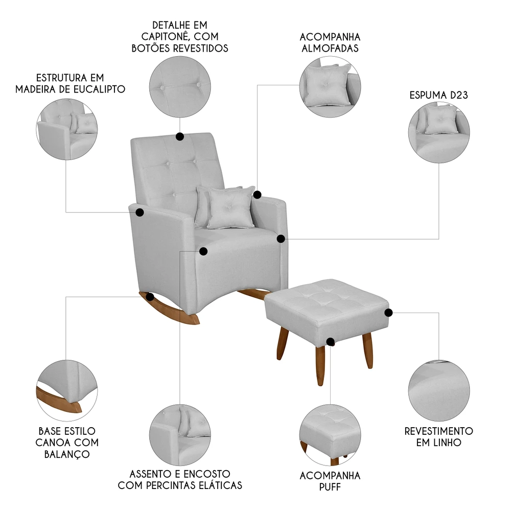 Poltrona Amamentação Base Balanço e Puff Lola Linho Cinza F03 - Mpozenato