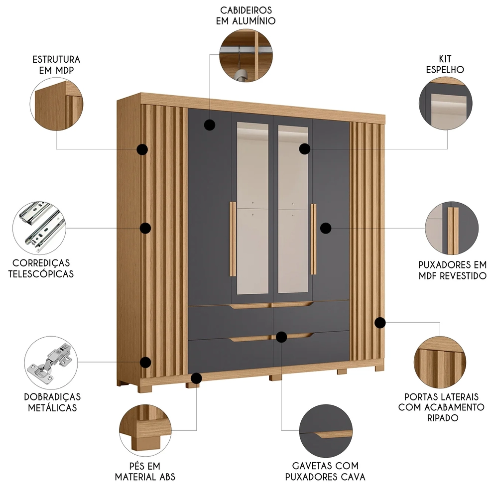 Guarda Roupa Casal 240cm com Espelho Doble Freijó/Titanium  - Albatroz
