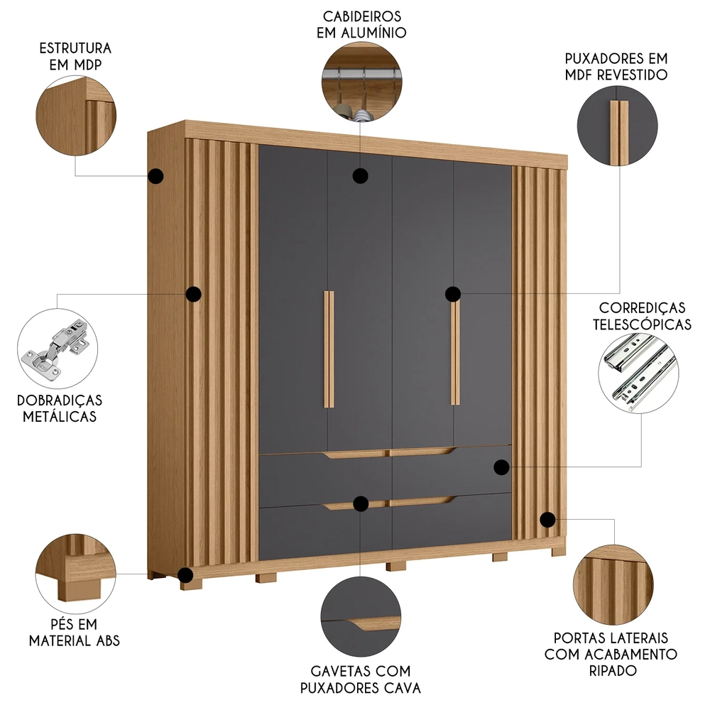 Guarda Roupa Casal 240cm Ripado 6 Portas Doble Freijó/Titanium - Albatroz