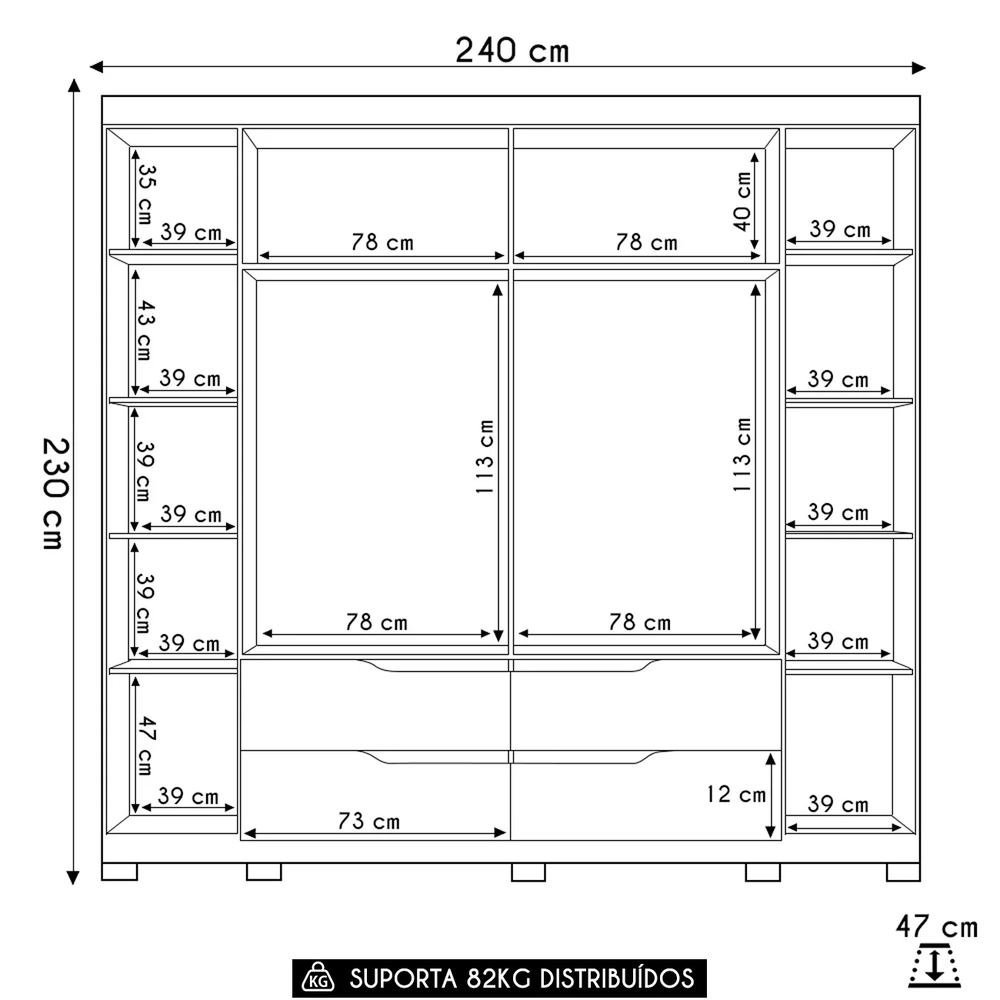 Guarda Roupa Casal 240cm Ripado 6 Portas Doble Freijó/Titanium - Albatroz