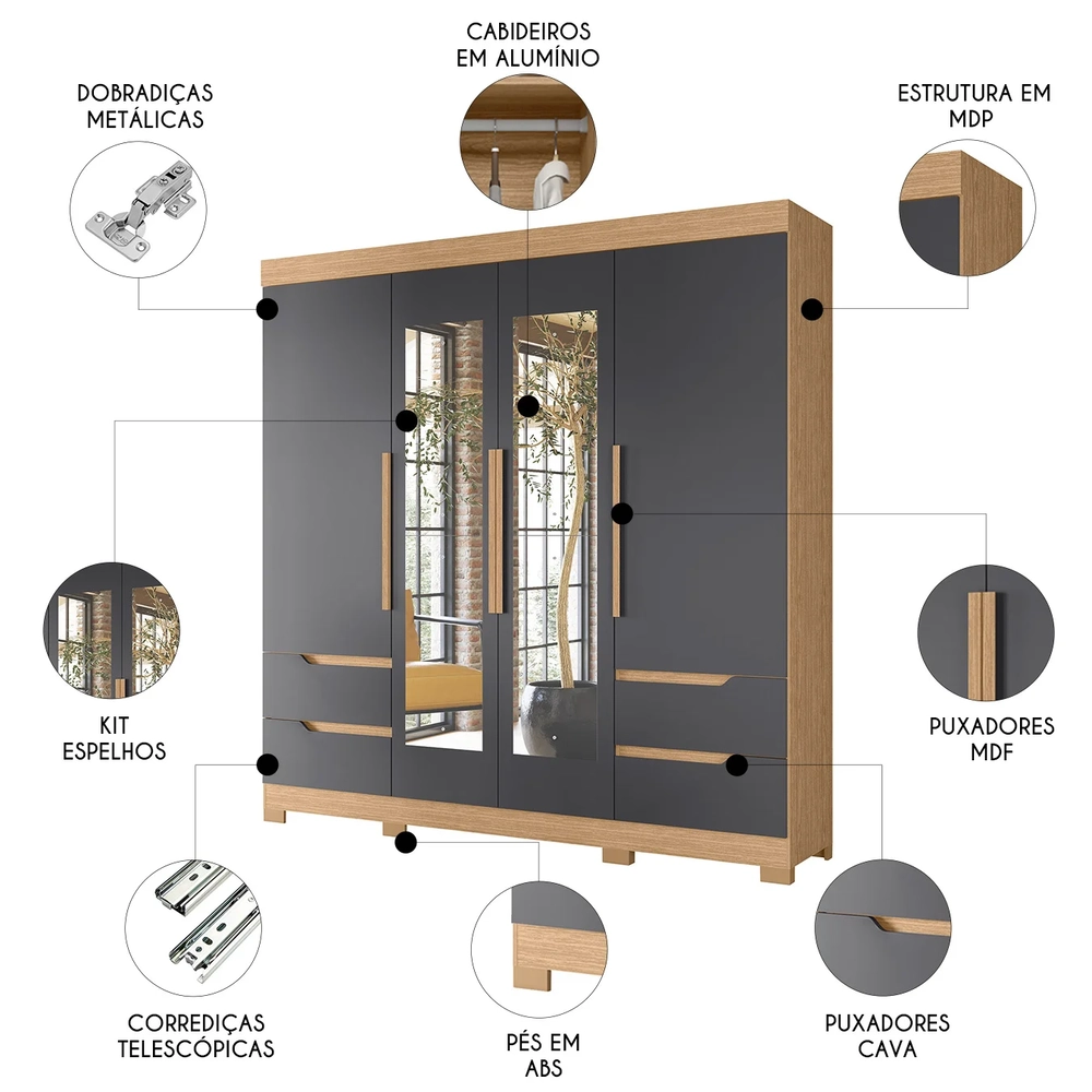 Guarda Roupa Casal 212cm com Espelho Vivacce Freijó/Titanium - Albatroz