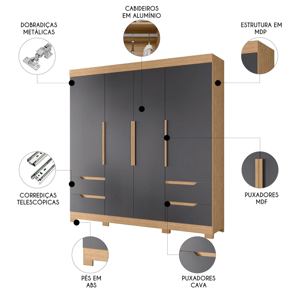 Guarda Roupa Casal 212cm 4 Portas Vivacce Freijó/Titanium   - Albatroz