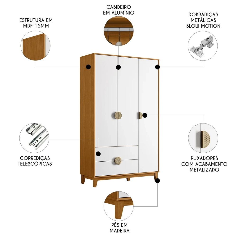 Guarda Roupa Solteiro 120cm 3 Portas Ipê Cinamomo/Branco    - Albatroz