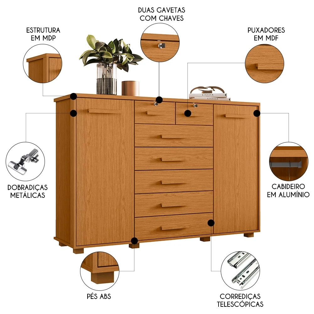 Cômoda Para Quarto 7 Gavetas 160cm Fontaine A02 Cinamomo    - Mpozenato
