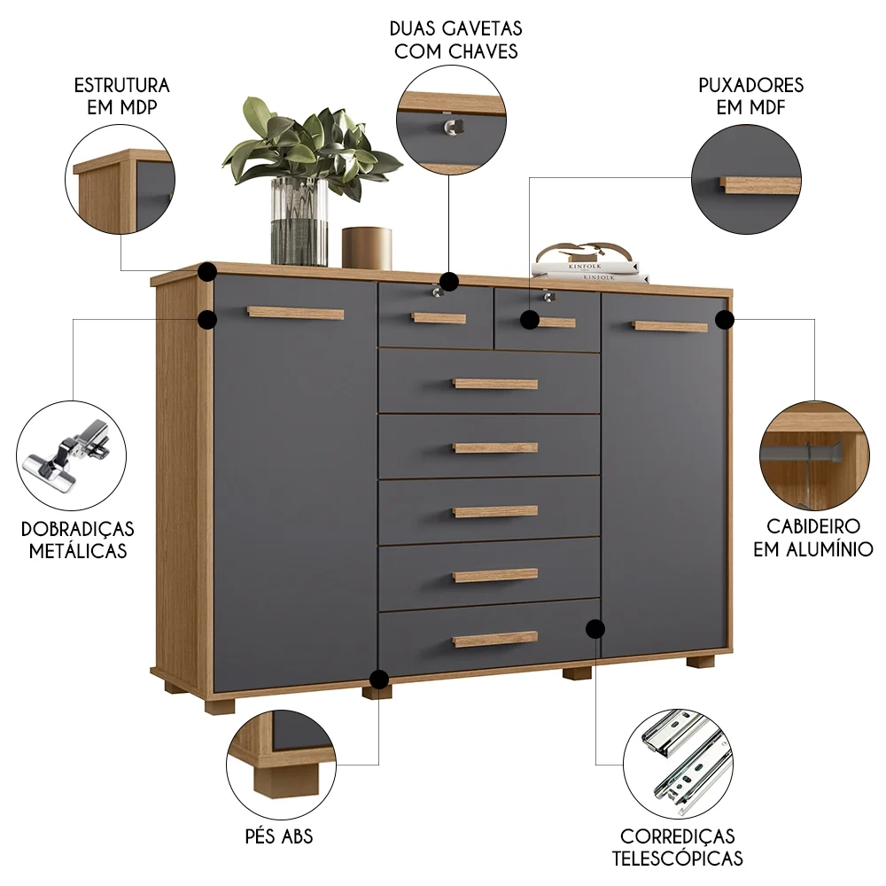 Cômoda Para Quarto 7 Gavetas 160cm Fontaine A02 Freijó/Titanium - Mpozenato