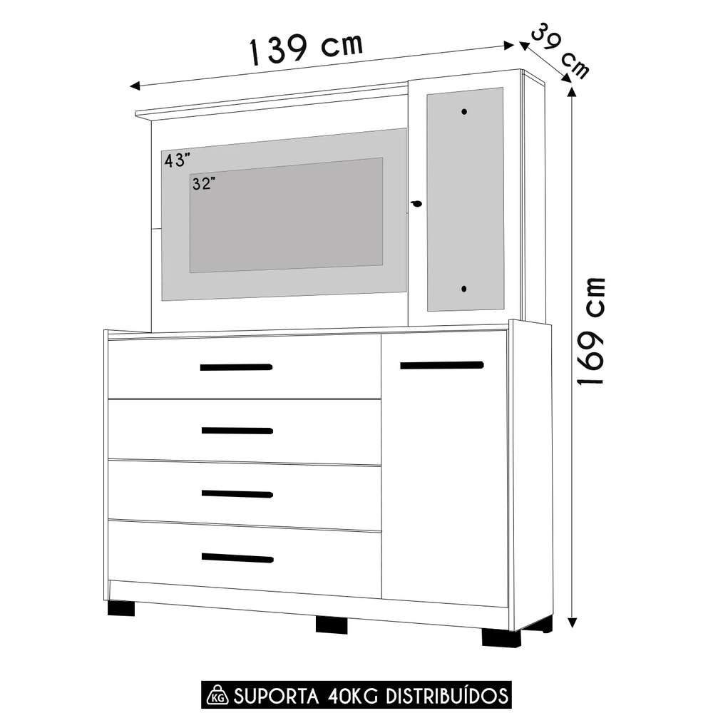 Cômoda Para Quarto com Painel TV 43 Pol Azaleia A02 Off/Cinamomo - Mpozenato