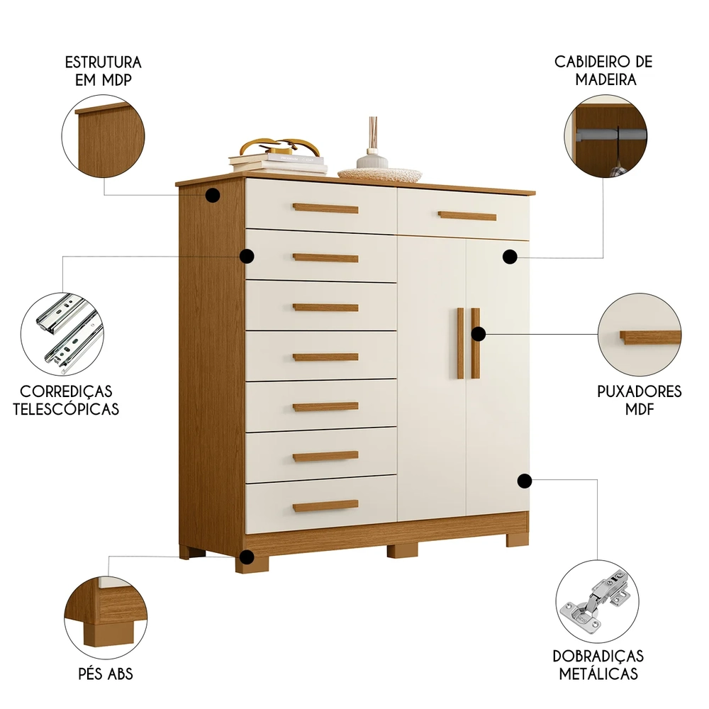 Cômoda Para Quarto 2 Portas 125cm Verona Off/Cinamomo       - Albatroz