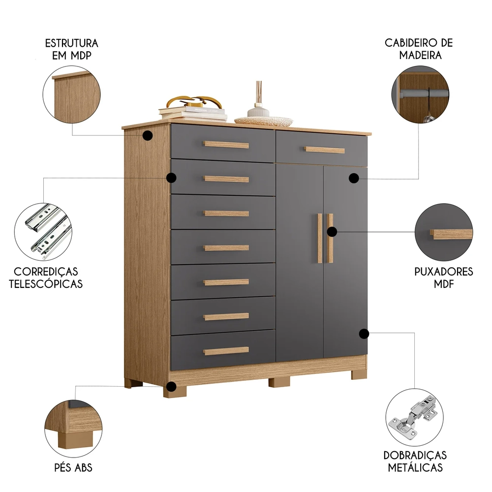 Cômoda Para Quarto 2 Portas 125cm Verona Freijó/Titanium - Albatroz