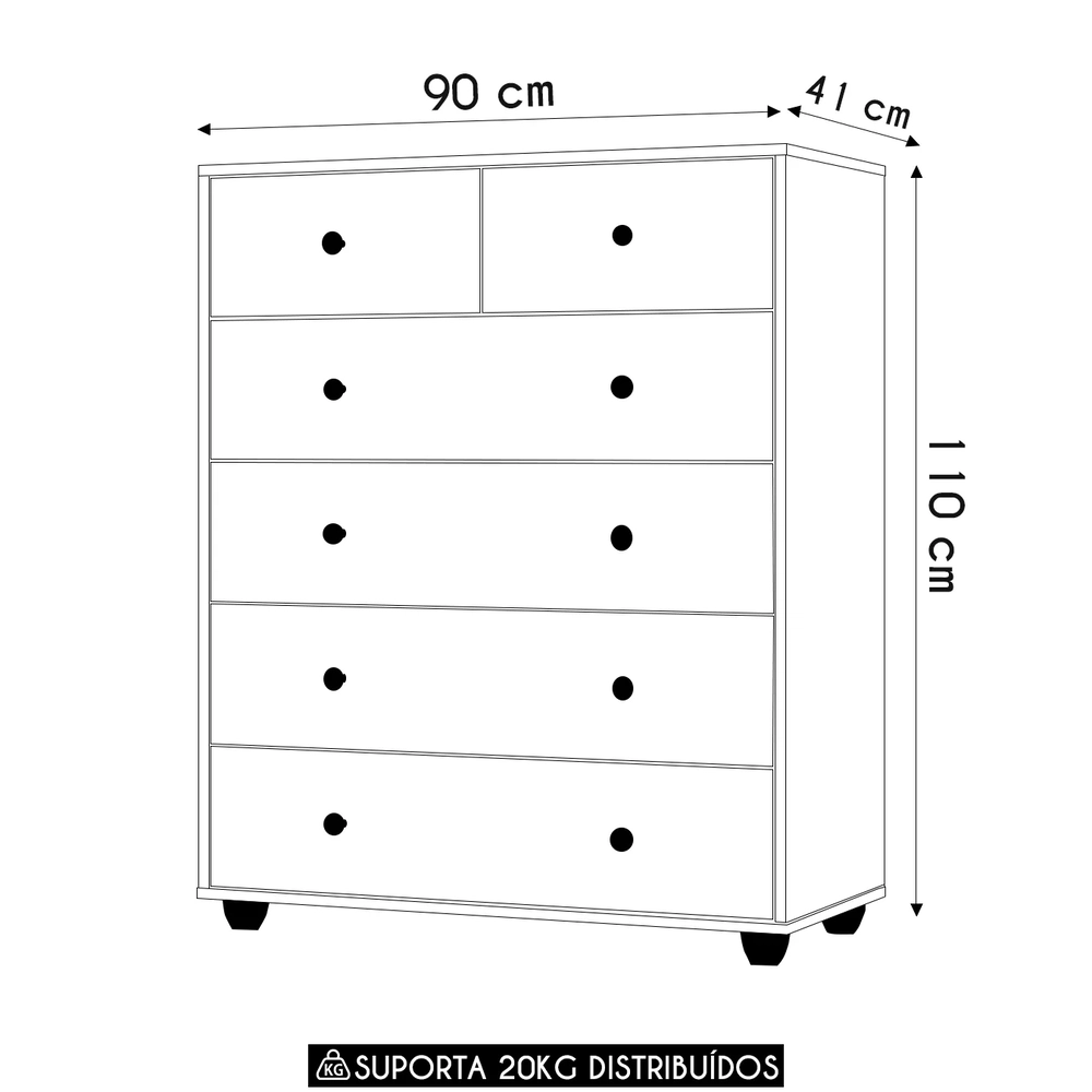 Cômoda Para Quarto 6 Gavetas 90cm Vittoria Cinamomo/Salvia  - Albatroz
