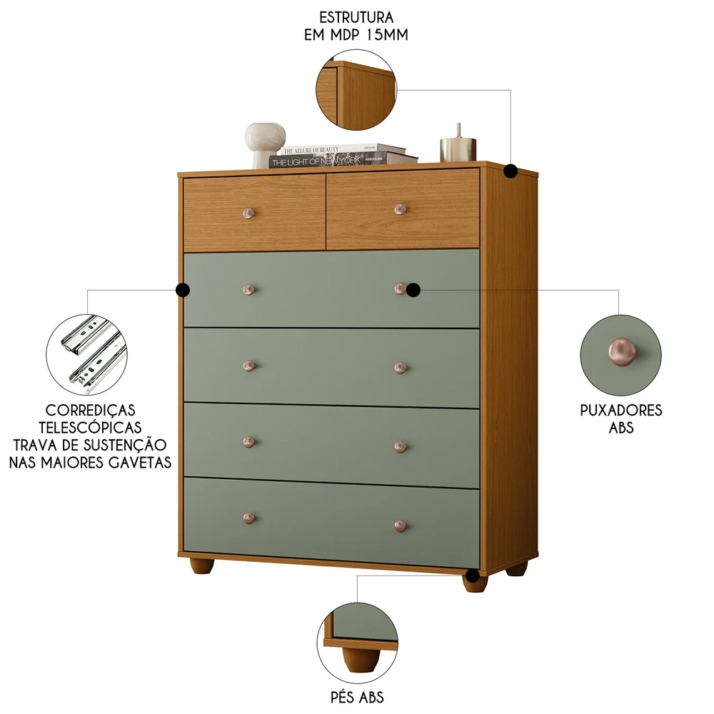 Cômoda Para Quarto 6 Gavetas 90cm Vittoria Cinamomo/Salvia  - Albatroz