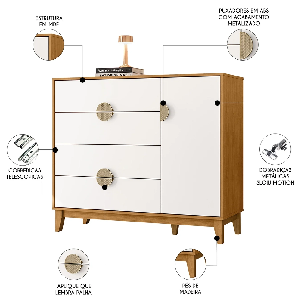Cômoda Sapateira 1 Porta 4 Gavetas 120cm Ipê Branco/Cinamomo - Albatroz