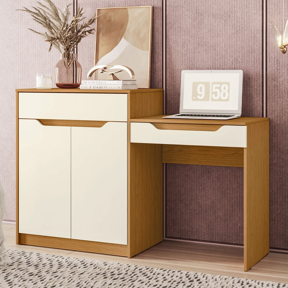 Penteadeira Escrivaninha com Espelho Bent A02 Off/Cinamomo  - Mpozenato