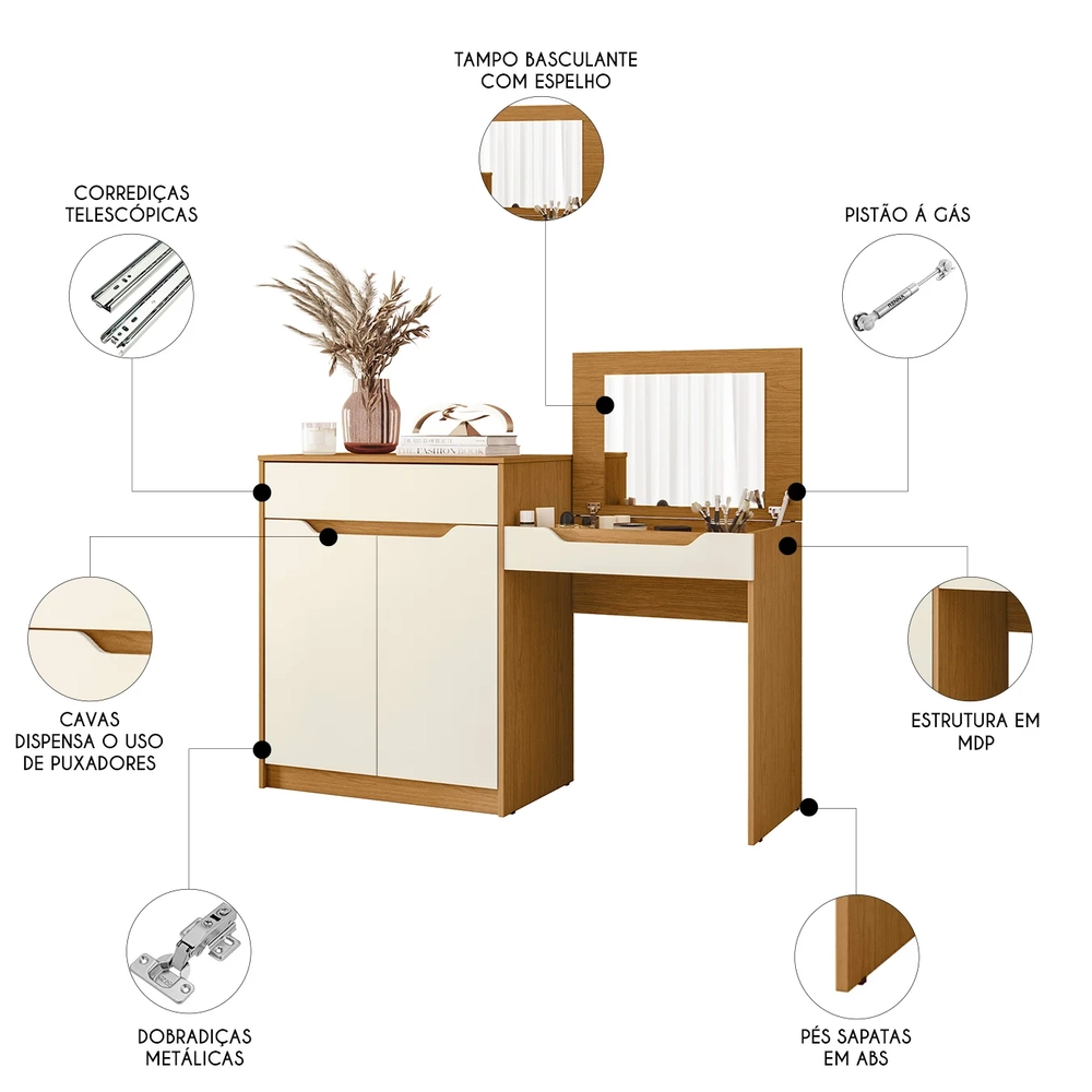 Penteadeira Escrivaninha com Espelho Bent A02 Off/Cinamomo  - Mpozenato