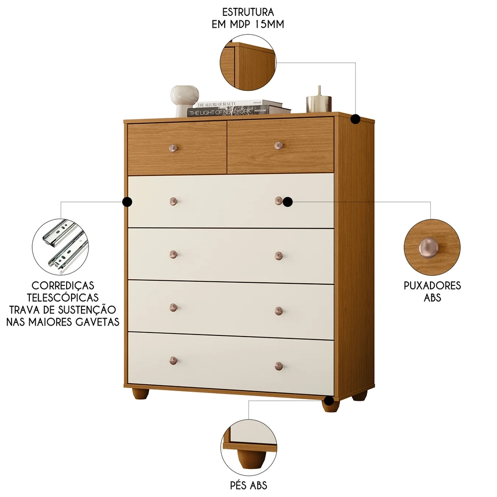 Cômoda Para Quarto 6 Gavetas 90cm Vittoria Off/Cinamomo     - Albatroz