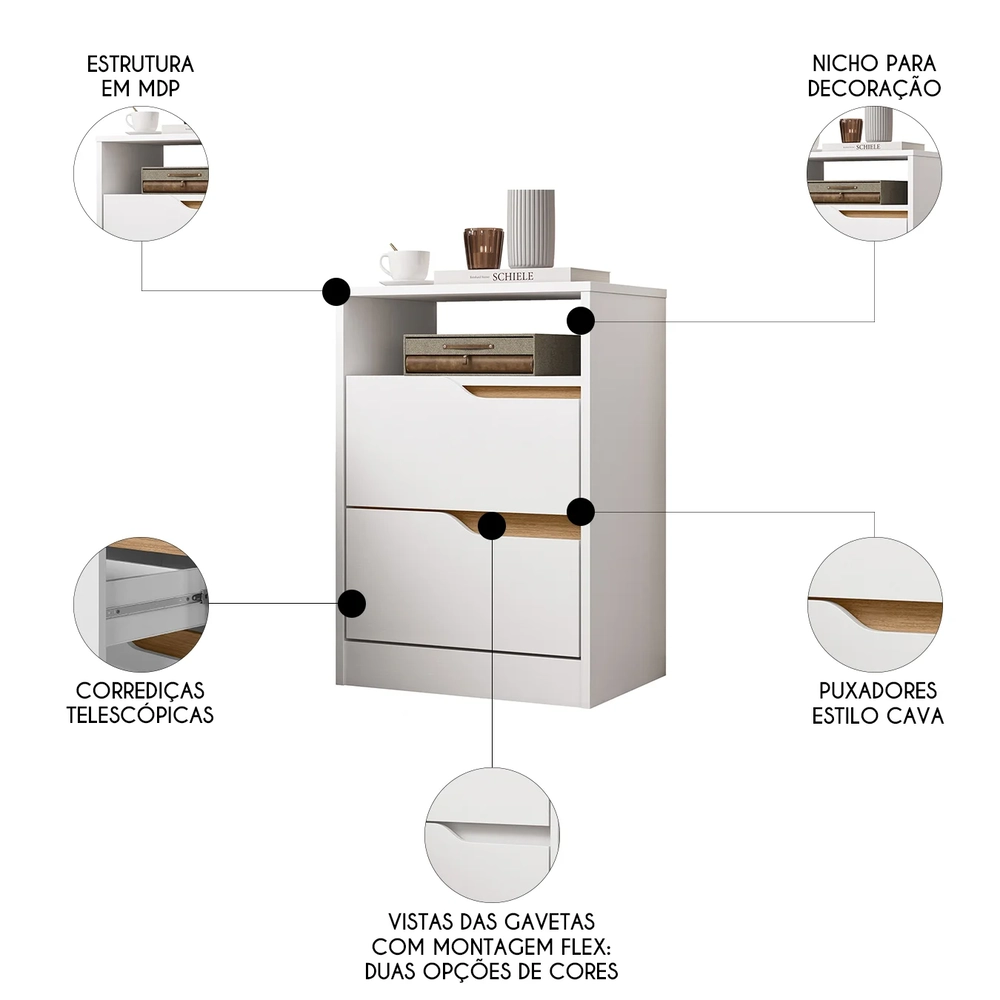 Mesa de Cabeceira 2 Gavetas Sole Flex Branco/Freijó         - Albatroz