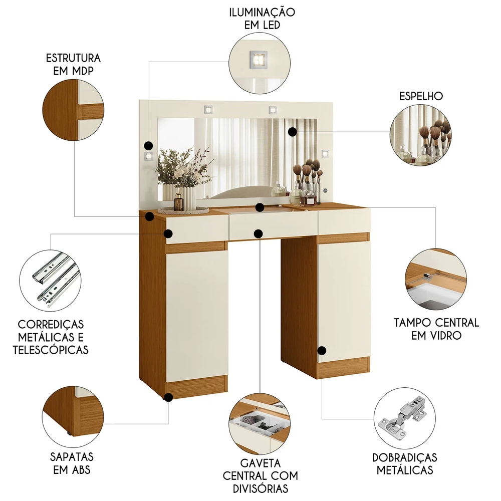 Penteadeira Camarim Com Espelho Studio Beauty A02 Off/Cinamomo - Mpozenato