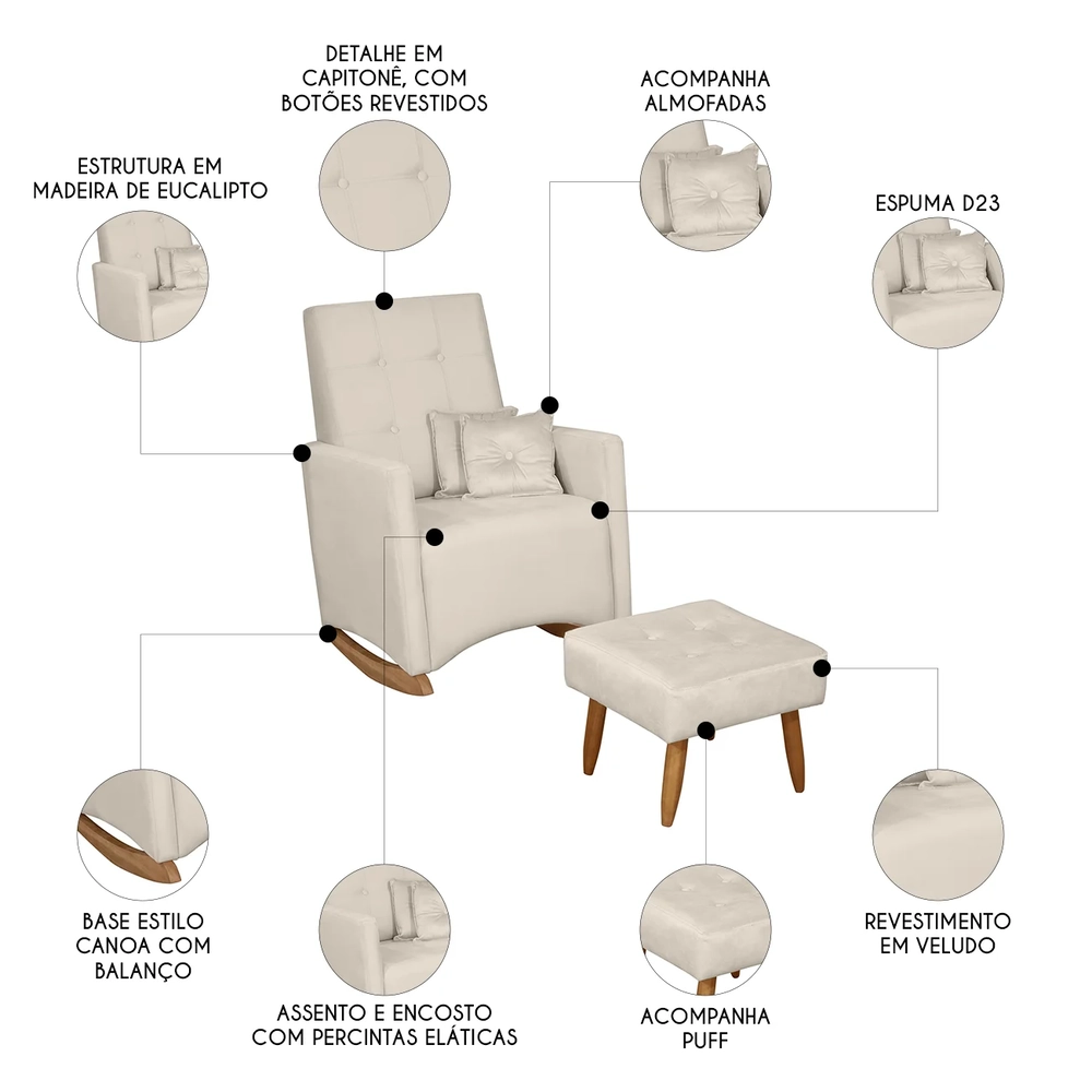 Poltrona Amamentação Base Balanço e Puff Lola Veludo Off F03 - Mpozenato