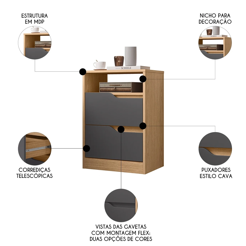 Mesa de Cabeceira com Gavetas Kit 2 Sole Flex Freijó/Titanium - Albatroz